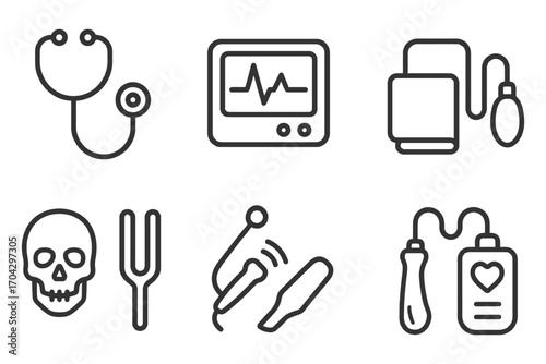 A collection of medical symbols, such as a stethoscope, a syringe, a heart, and a skull. These icons represent various aspects of healthcare. Vector.