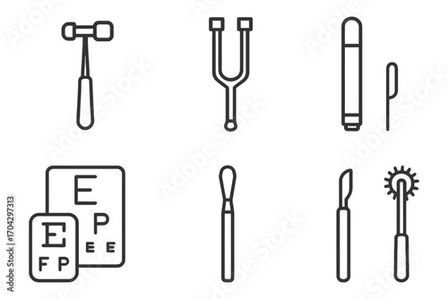 A set of medical tools and instruments. The tools include a stethoscope, a blood pressure cuff, a thermometer, a tongue depressor. Vector.