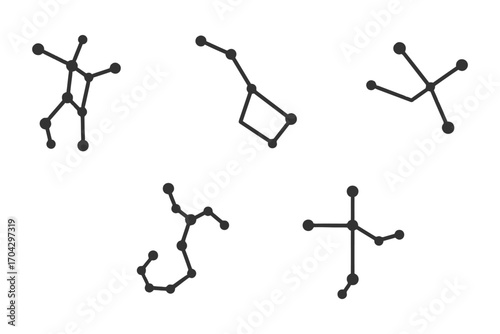 A series of black and white drawings of constellations. The drawings are all different shapes and sizes, but they all have a similar theme. Vector.