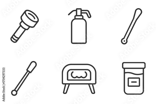 A set of six icons, each with a different object, including a flashlight, a fire extinguisher, a pair of scissors, a toothbrush, a nail file. Vector.