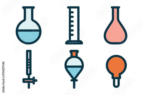 A set of six scientific instruments, including a beaker, a test tube, and a graduated cylinder. Vector.