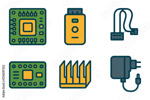 The image is a collection of icons for electronic components and accessories. The icons include a computer chip, a power supply, a USB cable. Vector.