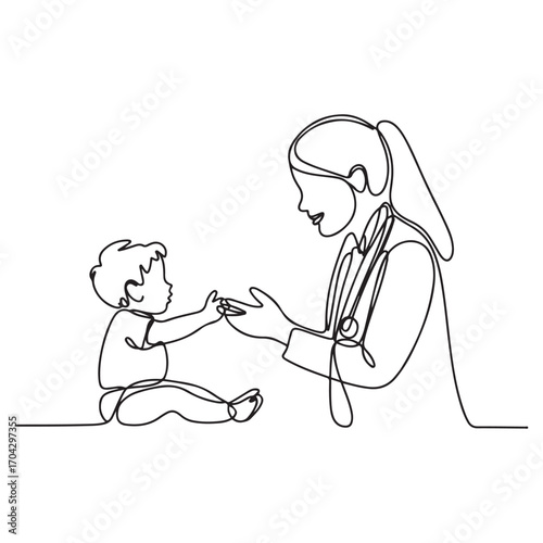 Single continuous line Art drawing of young female pediatric doctor invited cute baby toddler patient to play and follow her instruction. with white background