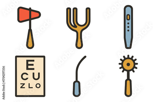 A set of tools including a hammer, a screwdriver, a wrench, a pair of pliers, a pair of scissors, and a pair of tweezers. Vector.