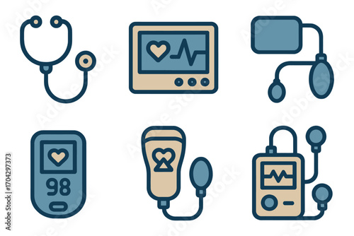 A set of medical icons including a stethoscope, blood pressure monitor, and other medical devices. Vector.