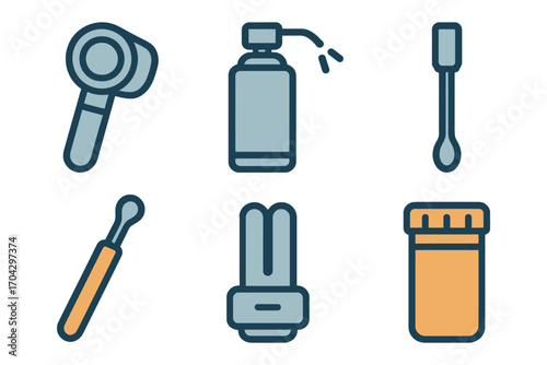 A set of medical supplies including a stethoscope, a syringe, a bottle of medicine, and a pair of scissors. Vector.