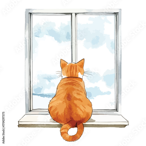 Watercolor Illustration of an Orange Cat Gazing Out a Window at Clouds
