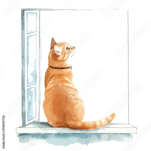 Watercolor Illustration of Ginger Cat Gazing Out Window with Curiosity