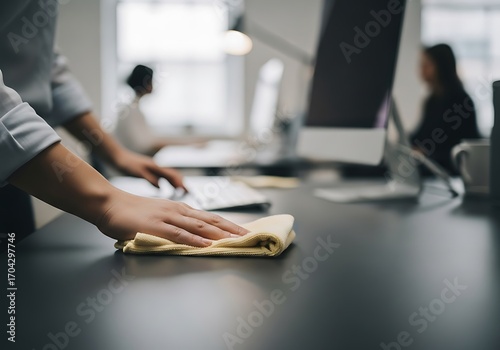 Office Cleaning, Desk Wipe Down, Professional Workplace.