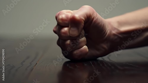 Close-up of tense clenched fist pounding on a dark wood table, expressing anger and frustration