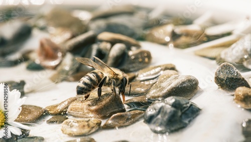 A Honey Bee delicately balances on small pebbles surrounded by shallow water. The bee is drinking. A daisy rests nearby, bathed in soft sunlight