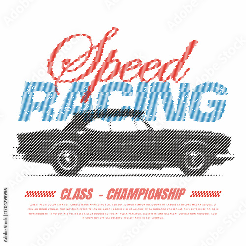 Racing club vector t-shirt print design. American racing. Car print design for t-shirt print, poster, sticker, background and other uses. Race flag, Car, Racing, Race, Speed, Speedway, Road Speed
