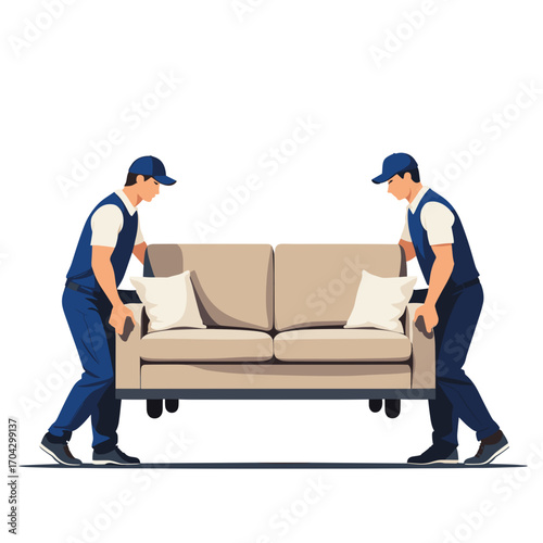 Two movers carrying a sofa with cushions in a modern style. Professional furniture transportation