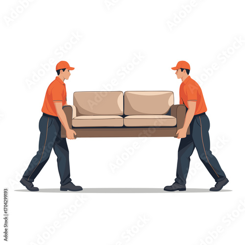 Two moving men carrying a sofa in orange uniforms, Professional furniture transportation 