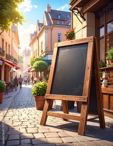 Fototapeta Naklejka Na Ścianę i Meble -  Empty chalkboard menu board in a charming European street scene