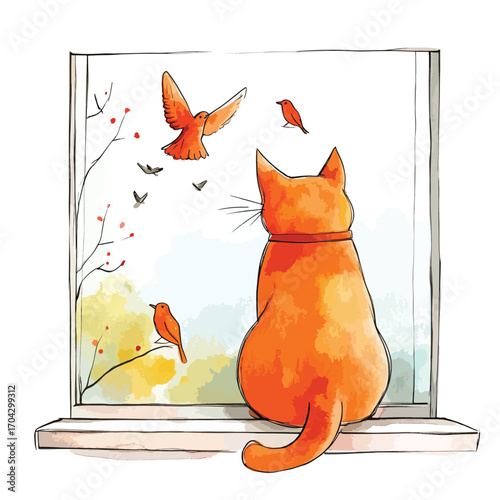 Watercolor Orange Cat Gazing at Birds Outside Window Whimsical Illustration