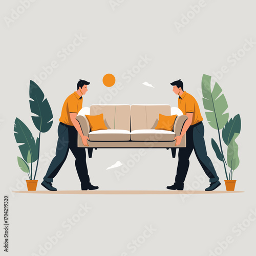 Two men carrying a sofa with plants in a modern living room, Professional furniture transportation  