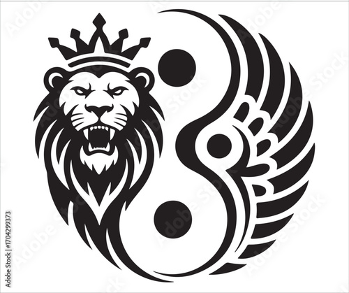Silhouette of crowned lion with yin yang symbol and wing design representing balance power strength spirituality harmony leadership courage royalty abstract emblem illustration