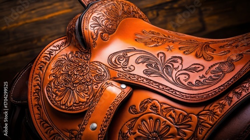 Hand tooled leather saddle close up floral star design