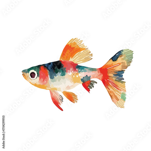 Watercolor Painted Fish with Vibrant Colors and Detailed Fins
