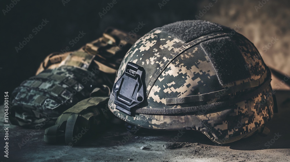Fototapeta premium Military style helmet with camouflage patterns resting on a table beside essential gear in a desert setting The scene captures the ruggedness and readiness associated with this equipment