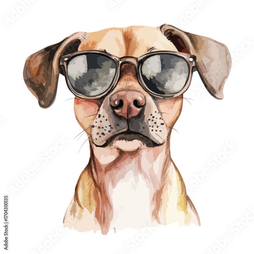 Watercolor Portrait of a Cool Dog Sporting Stylish Sunglasses Front View