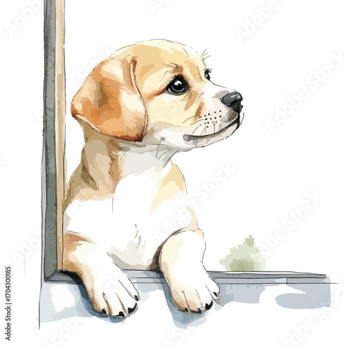 Watercolor Portrait of a Curious Puppy Peeking Through a Window