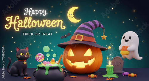 Illustration of happy halloween trick or treat with pumpkin, ghost, black cat, cauldron, and moon