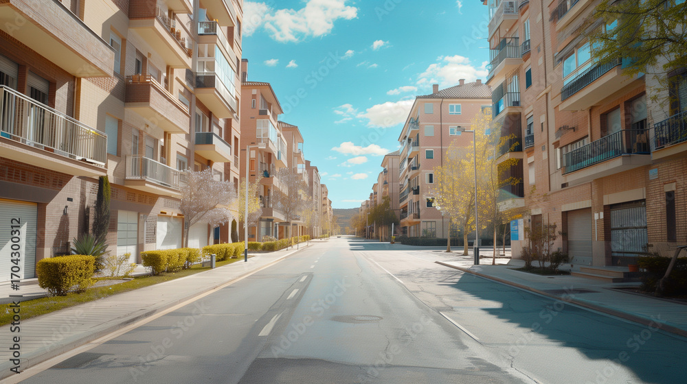 Obraz premium Generic stock image of a residential urban street with apartment buildings, balconies, asphalt road and sidewalks, created for real estate and housing use in southern Europe. Not a specific location.