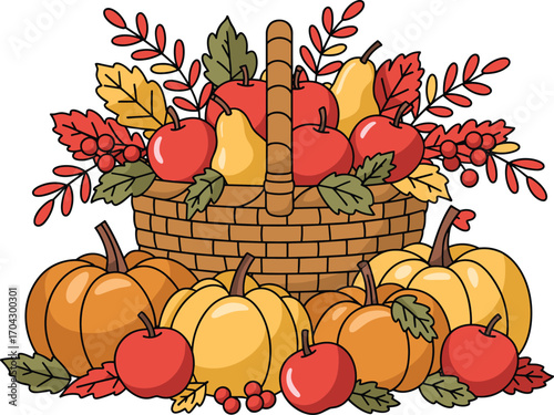 Autumn harvest basket overflowing with fruits and pumpkins