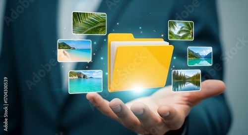 Digital folder with glowing images of tropical destinations floating above an open hand