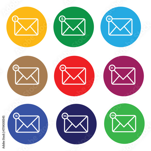 Email Notification Icons: A collection of vibrant email notification icons, featuring clean white line art envelopes with various message count indicators within colorful circular backgrounds.