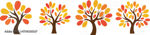 Four stylized autumn trees with colorful falling leaves