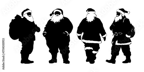 Silhouettes of Santa Claus in different poses with gift bags, black and white graphic style, on plain white background, concept of Christmas