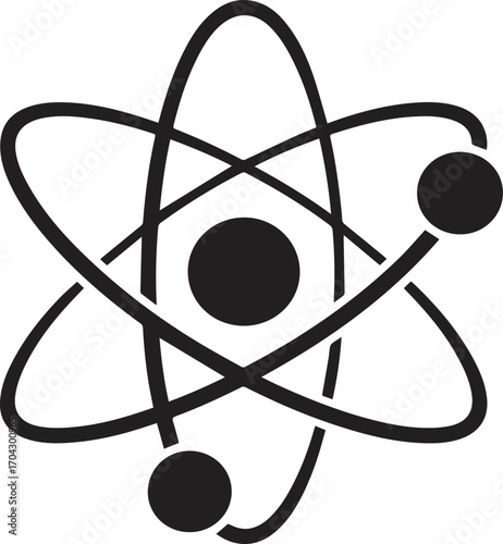 Black atom symbol with orbiting electrons on white background atomic science