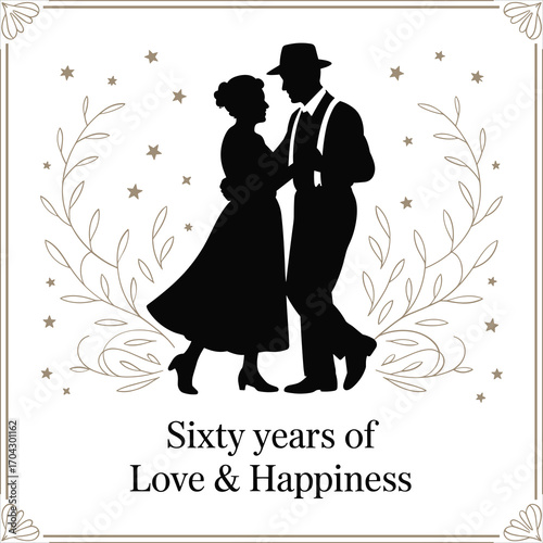 A solid black vector silhouette of an elderly man and woman dancing closely