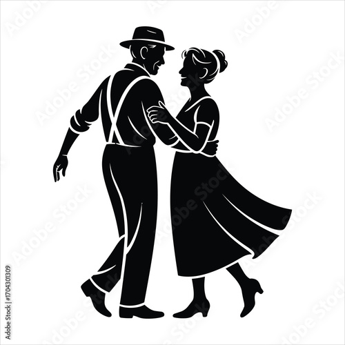 A solid black vector silhouette of an elderly man and woman dancing closely