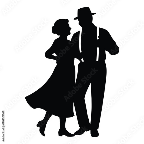 A solid black vector silhouette of an elderly man and woman dancing closely