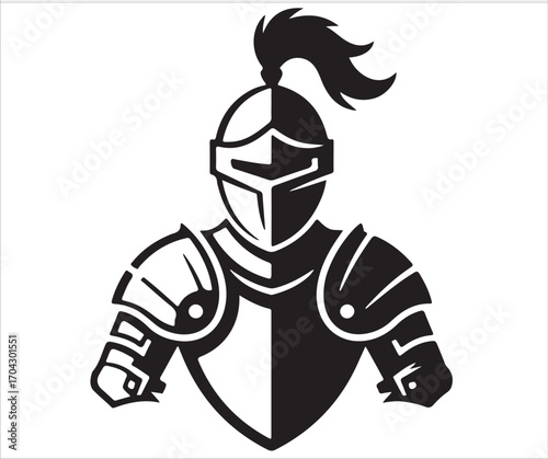 Medieval knight silhouette in full armor with plume helmet