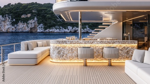 Luxury yacht bar with ocean view at twilight