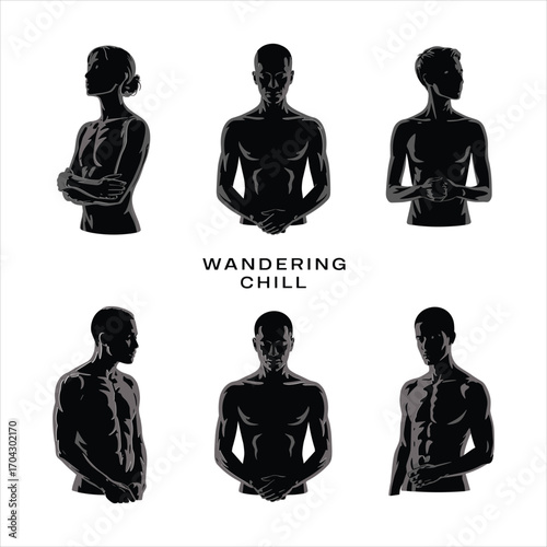 Black silhouette collection named “Wandering Chill,” displaying 6 unique human figures in varied relaxed poses and styles. 