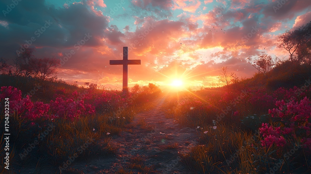Fototapeta premium A solitary cross stands silhouetted against a vibrant radiant sunset over a flowering meadow with a winding path