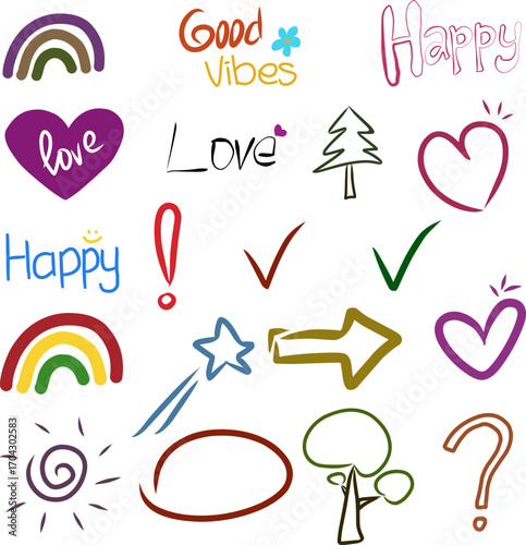 Colorful Hand Drawn Doodles - Positive Quotes, Hearts, Arrows, and Symbols