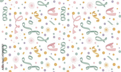 Pastel Confetti Polka Dots Seamless Pattern Ribbons and Starbursts Modern Vector illustration, easily editable and scalable.