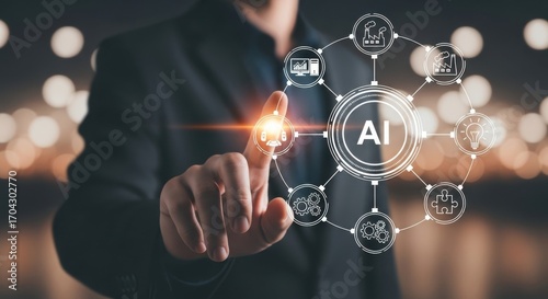 Businessman touching ai network with icons representing different industries and technology