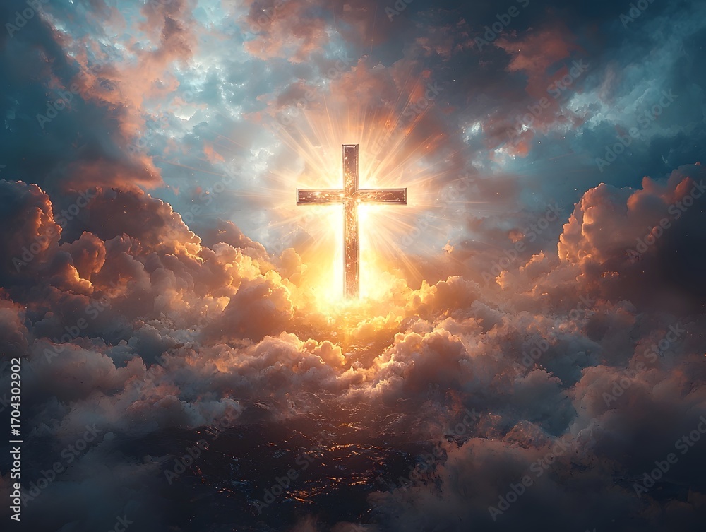 Fototapeta premium A luminous cross shines brightly through dramatic clouds in the sky