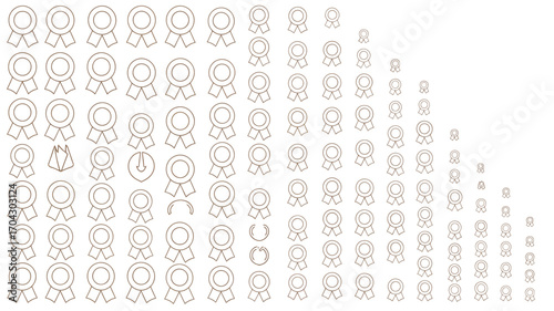 Outline drawing of award ribbons arranged in rows decreasing in size on a white background space