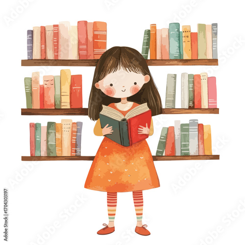 Young Girl Immersed in Reading Surrounded by Colorful Bookshelves Watercolor Style