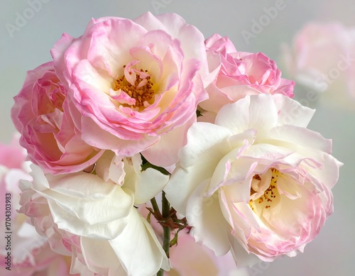 Close-up of delicate pink and white roses