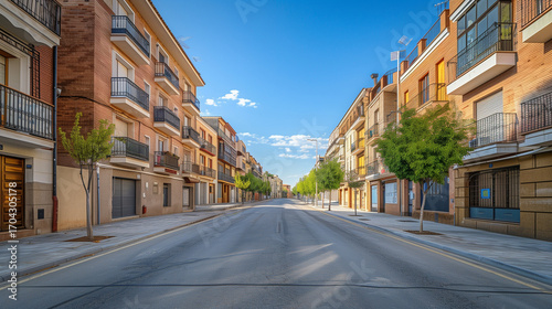 Generic stock image of a residential urban street with apartment buildings, balconies, asphalt road and sidewalks, created for real estate and housing use in southern Europe. Not a specific location.
